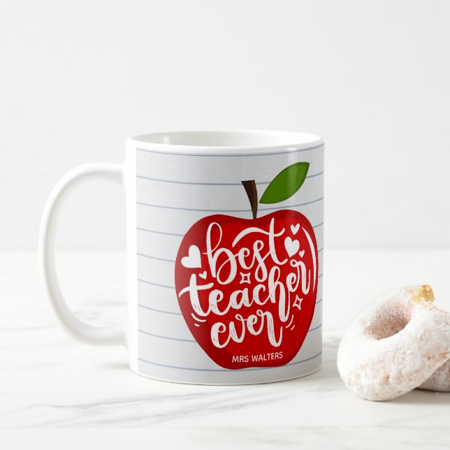 Mug Meilleur Enseignant Nom Jamais Pomme Rouge Retour  (Avec donut)