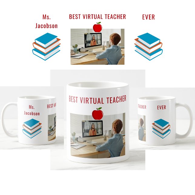 Mug Meilleur Enseignant Virtuel Jamais Nom Personnalis (Best Virtual Teacher Ever. Photo of student. Books. Modern, cute, elegant teacher appreciation mug)