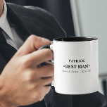 Mug Meilleur homme noir et blanc Personnalisé<br><div class="desc">Tasse personnalisée pour votre meilleur homme dans la conception de typographie moderne et minimaliste. Le nom modèle est configuré pour que vous puissiez ajouter le nom du meilleur homme, le nom de la mariée et du marié et la date du mariage. Ce design a une palette de couleurs noir et...</div>