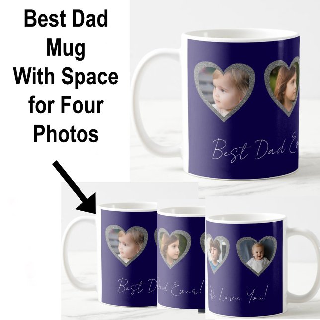 Mug Meilleur papa Coeurs Bleus Quatre Enfants Photo Co (Créateur téléchargé)