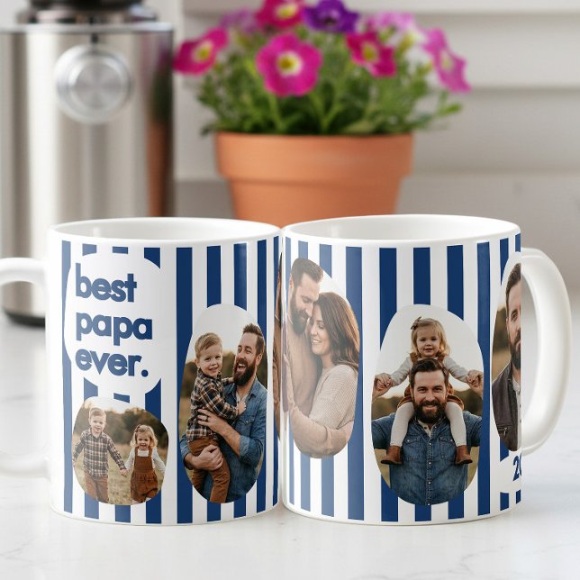 Mug Meilleur Papa Collage de Photos à Rayures Navy Mod (Best Papa Ever 5 custom photos, navy blue striped mug by Darling & May)