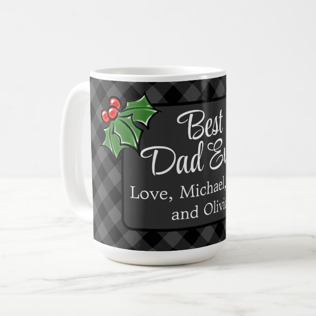Mug Meilleur papa de Noël classique gris Plaid Holly (Devant gauche)