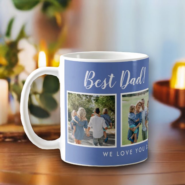 Mug Meilleur papa ! Photos Collage Message bleu (Best dad script font with 6 family photo slots, along with a custom message for your number 1 Dad.)