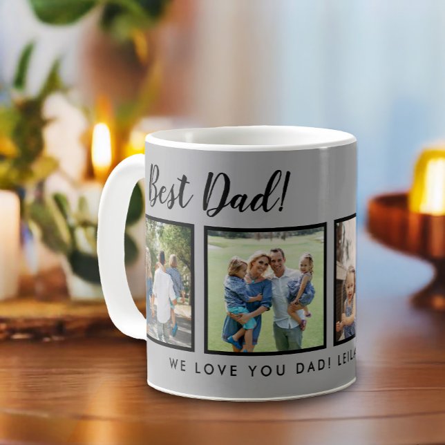 Mug Meilleur papa ! Photos Collage Message gris clair (Best dad script font with 6 family photo slots along with a custom message for your number 1 Dad.)