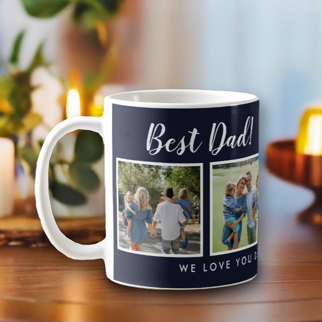 Mug Meilleur papa ! Photos Collage Message Marine Bleu (Best dad script font with 6 family photo slots, along with a custom message for your number 1 Dad.)