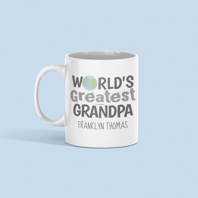 Mug Meilleur Papi du Monde Nom Personnalisé (World's greatest grandpa mug with globe icon and custom name personalized gift for grandfathers.)