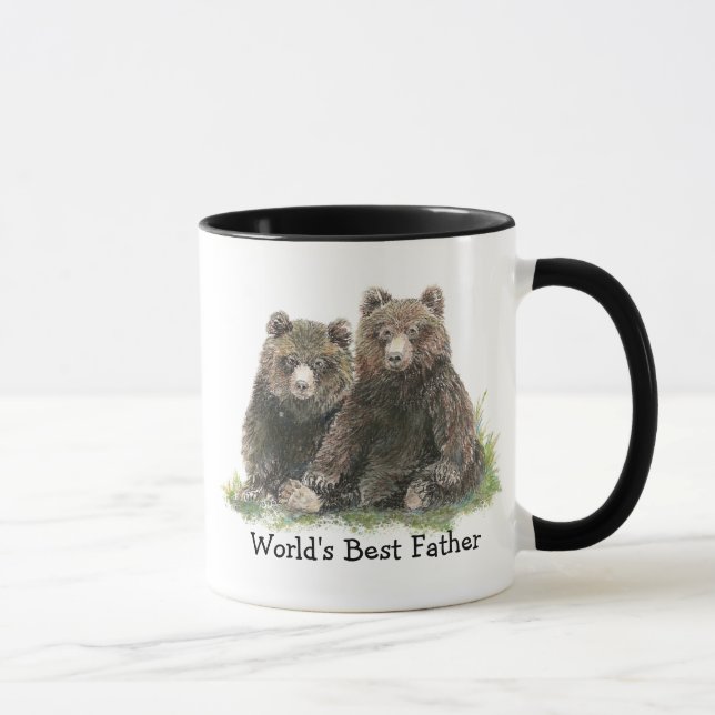 Mug Meilleur Père du monde, Aquarelle de mignons ours (Droite)