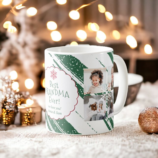 Mug Meilleure grand-mère 5 photos Fils de Noël vert (Best grandma 5 photos Christmas stripes snow green Coffee Mug)