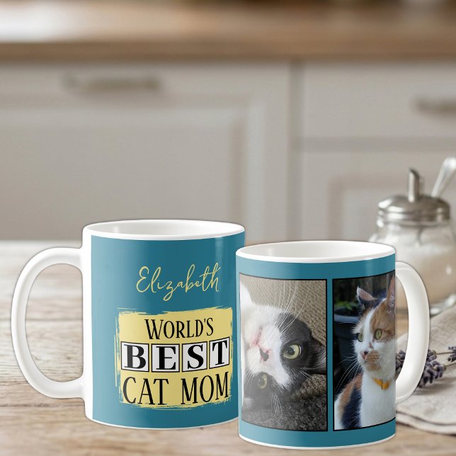 Mug Meilleure maman de chat 2 nom de photo bleu jaune (Créateur téléchargé)