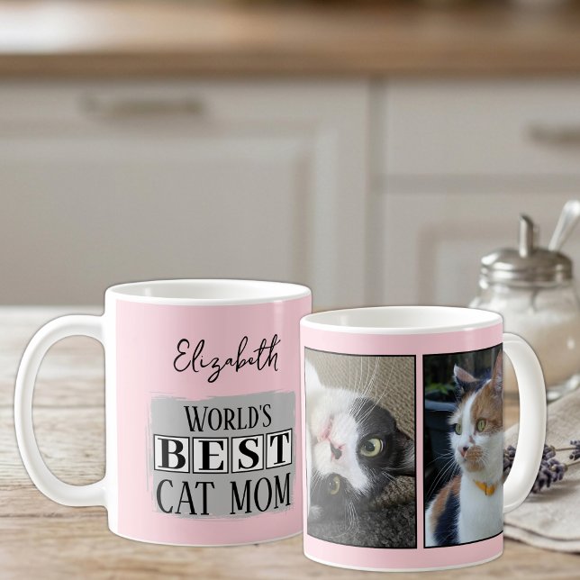 Mug Meilleure maman de chat 2 nom de photo rose gris (Créateur téléchargé)