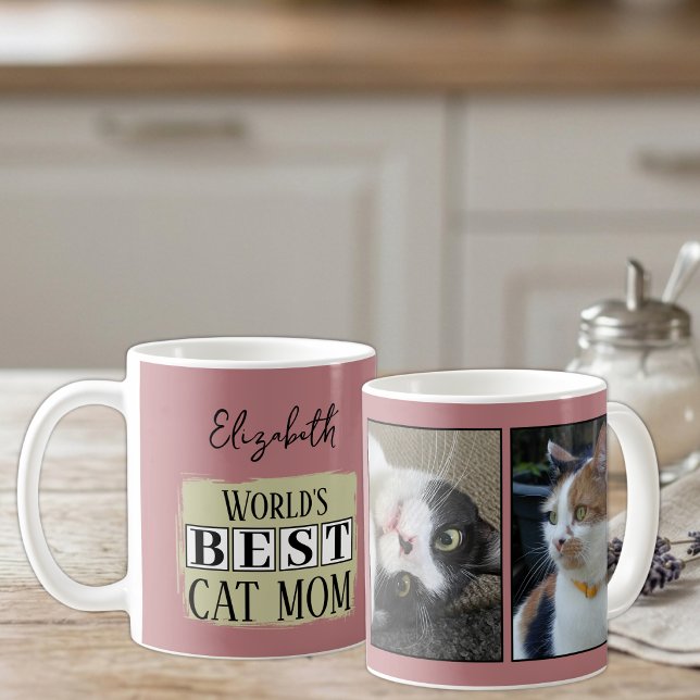 Mug Meilleure maman de chat 2 nom de photo rose vert (Créateur téléchargé)