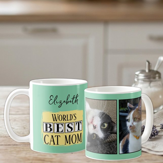 Mug Meilleure maman de chat 2 nom de photo vert jaune (Créateur téléchargé)