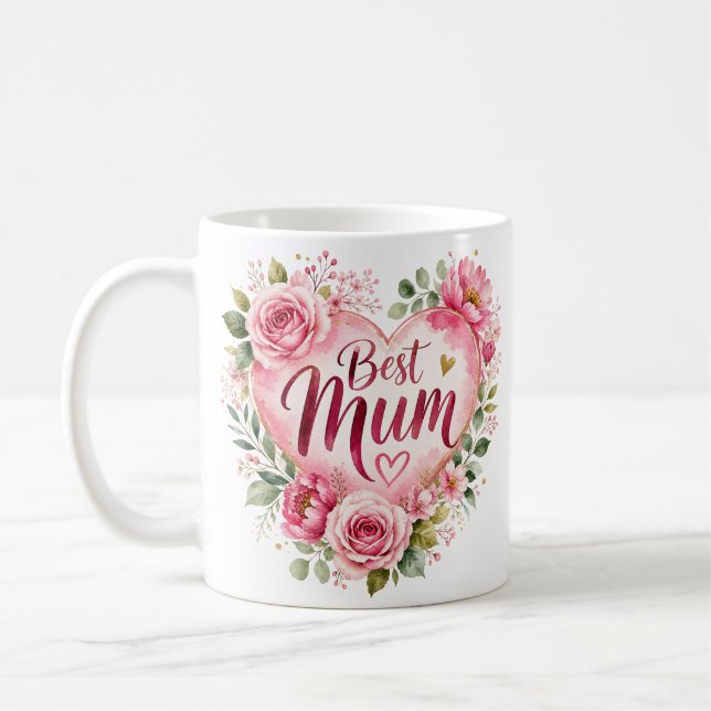 Mug Meilleure Maman Design Aquarelle Fleur Coeur (Gauche)