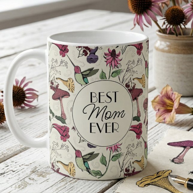 Mug Meilleure Maman Exotique Florale Colibri (Hand Drawn Hummingbird Floral Pattern in Black Ink with Best Mom Ever on Front for Mothers Day)