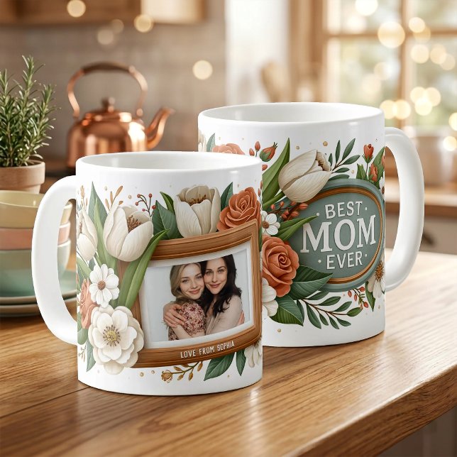 Mug Meilleure Maman Fleurs Photo Nom Fête des Mères  (Zazzle Best Mom Ever Flowers Photo Name Mother’s Day)