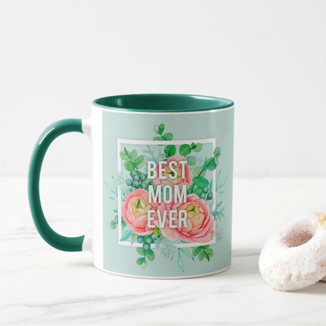 Mug Meilleure Maman Jamais Aquarelle Floral Vert & Or (Avec donut)