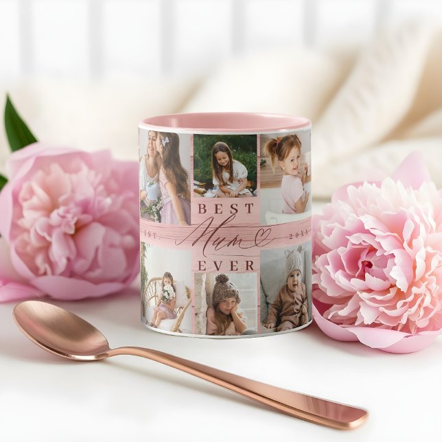 Mug Meilleure maman Jamais Famille Photo Collage Pink  (Best Mum Ever Family Photo Collage Pink Woodgrain Mug)
