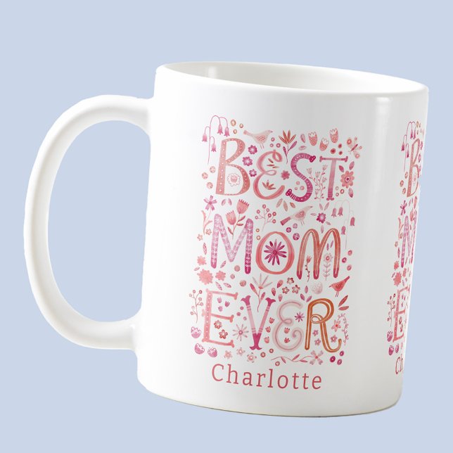 Mug Meilleure maman jamais personnalisée (Best Mom Ever personalized name pink watercolor hand lettering coffee mug)