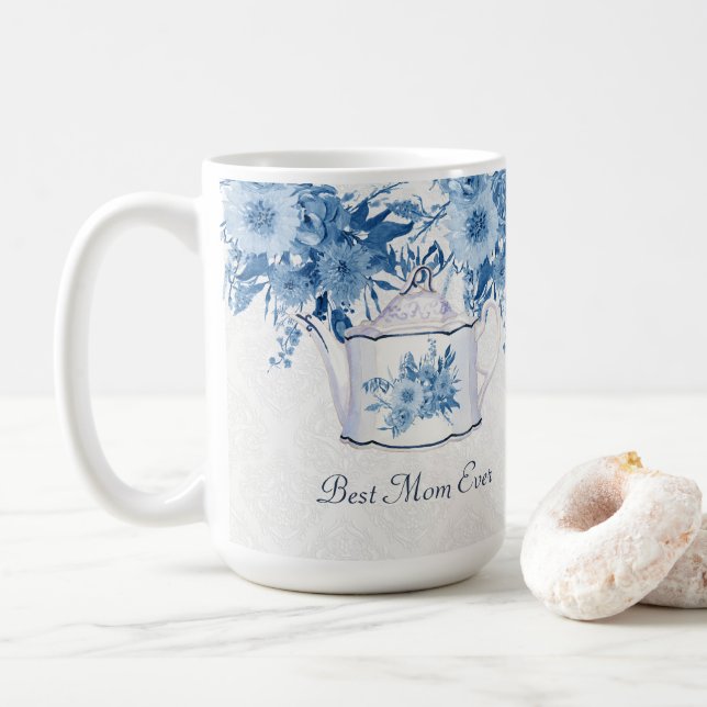 Mug Meilleure maman Jour Teapot Marine Bleu n Fleurs B (Avec donut)