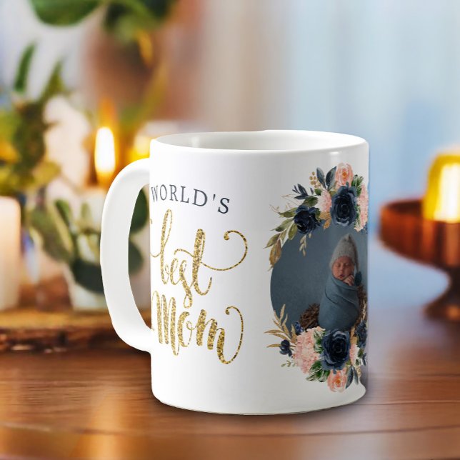 Mug Meilleure maman marine rose florale photo botaniqu (Give your mom the world's best mom mug featuring a place for a photo with botanical floral)