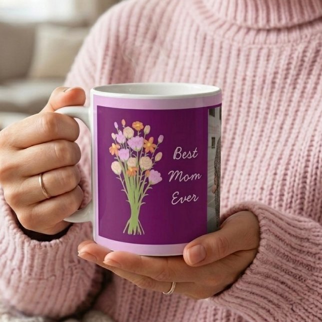 Mug Meilleure maman photo & fleurs modernes Fête des M (Best mom ever photo & modern flowers Mother’s Day Coffee Mug - Create Your Unique Gift for Mom Now!)