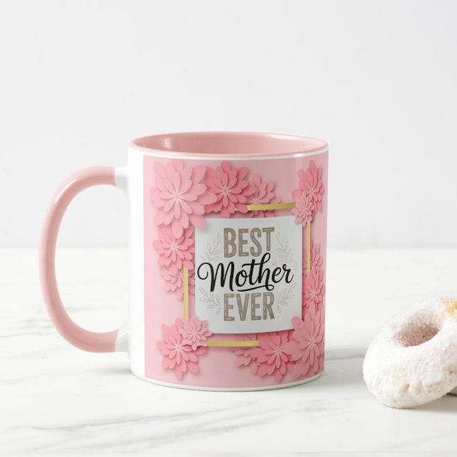 Mug "Meilleure Mère du Monde" Fleurs Roses Cadeau de F (Avec donut)