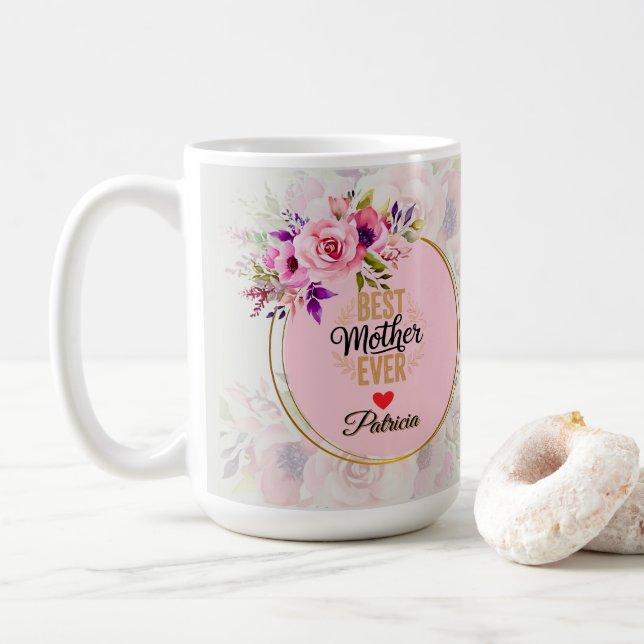 Mug Meilleure Mère du Monde - Nom Personnalisé Floral  (Avec donut)