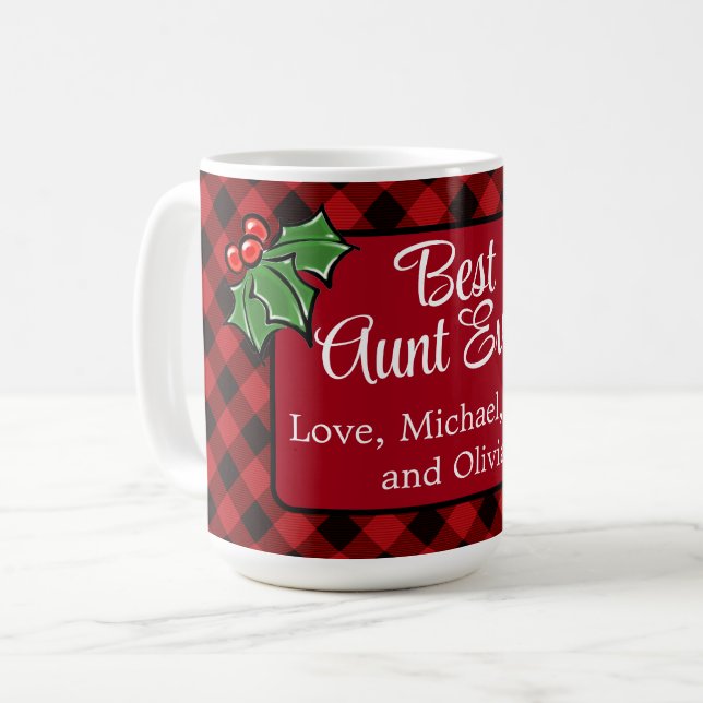Mug Meilleure tante jamais Noël classique Red Plaid Ho (Devant gauche)