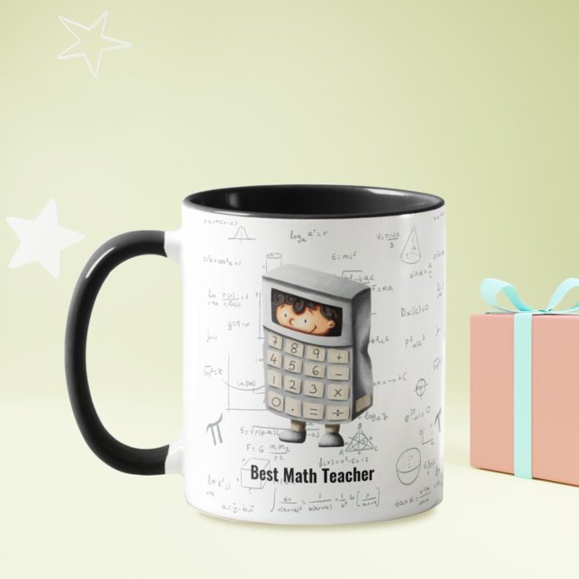 Mug Meilleures formules d'enseignants en mathématiques (Best math teacher mug with a formula background pattern and a person in calculator costume)