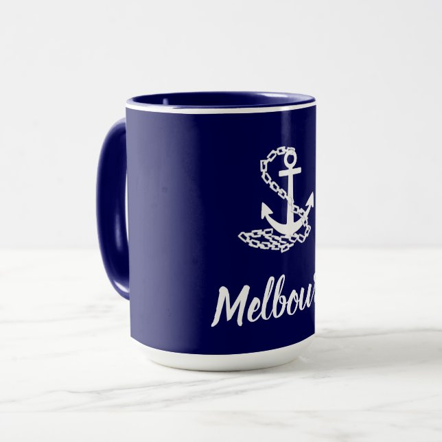Mug Melbourne Ancre - Style Maritime Bleu Et Blanc (Devant gauche)