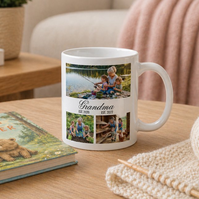 Mug Mémé Année de création Élégant Script Blanc 3-Phot (Grandma Est Year Elegant White Script 3-Photo Coffee Mug)