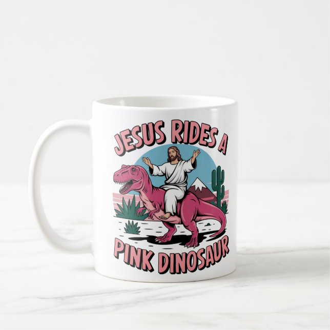 Mug Mèmes drôles de Jésus, Jésus monte un dinosaure ro (Gauche)