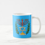 Mug Menorah Magen David persan<br><div class="desc">Cette image a été adaptée d'un ancien carreau juif persan et comporte une menorah avec un Magen David (étoile de David) encadré par des branches d'olivier.  Les imperfections de l'image originale peinte à la main ont été préservées.Ajoutez votre propre texte au verso.</div>