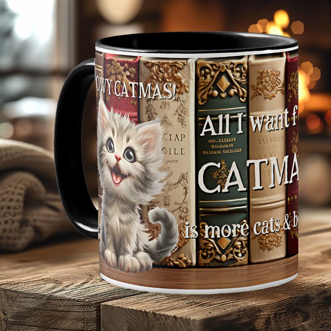 Mug Meowy Catmas Chats et livres Noël (Funny Christmas mug featuring an illustration with kittens and books - crazy cat lady gift)