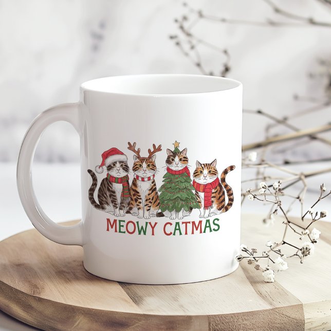 Mug Meowy Christmas Cats with Lights Funny Holiday (Meowy Christmas Cats with Lights Funny Holiday Coffee Mug on a boho kitchen table)