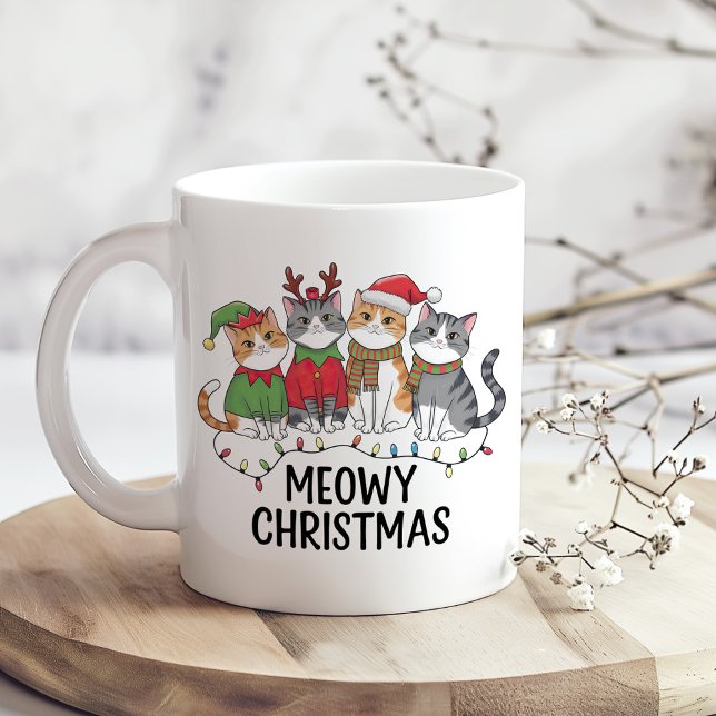 Mug Meowy Christmas Funny Cat - Holiday Cat Lovers (Meowy Christmas Funny Cat Holiday Mug for Cat Lovers on a wooden kitchen table.)