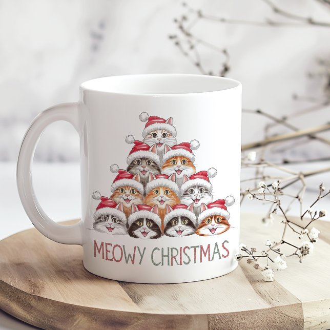 Mug Meowy Christmas Funny Stacked Cats – Cute Holiday  (Meowy Christmas Funny Stacked Cats – Cute Holiday Coffee Mug on a boho kitchen table)