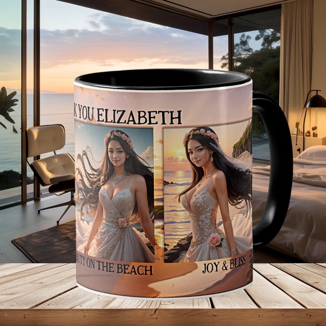 Mug Merci Bridesmaid Photo Plage Mariage (Bridesmaid Thank You wedding favor mug featuring custom photos on a painting of the beach)