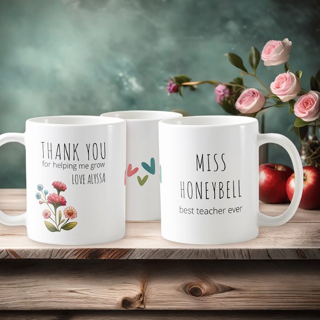 Mug Merci de m'avoir aidé à faire pousser des fleurs P (Thank you for helping me grow, pretty personalized gift mug for school teacher)