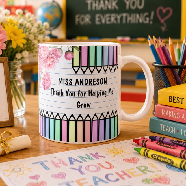 Mug Merci de m'avoir aidé à grandir, appréciation des  (notebook paper background gives the artwork a classroom theme educatore teacher pencils pink floral
)