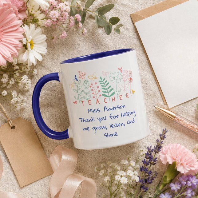 Mug Merci de m'avoir aidé à grandir Enseignant Fleurs  (Thank You for Helping Me Grow mug. wildflowers line art floral butterfly colorful spring summer gift)