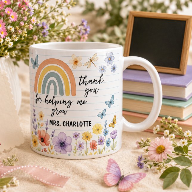Mug Merci de m'avoir aidé à grandir Professeur Arc-en- (teacher appreciation watercolor rainbow colorful, handwritten modern typography wildflowers bloom )