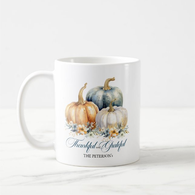 Mug Merci Grateful Citrouilles d'or bleu orange (Gauche)