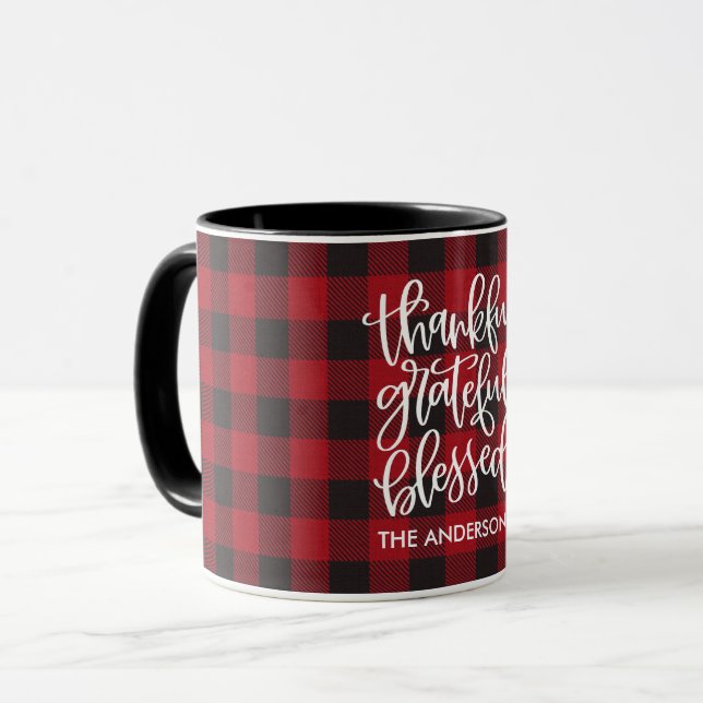 Mug Merci Grateful Nom Béni Rouge Plaid (Devant gauche)