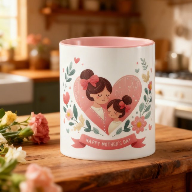 Mug Mère et Fille Fleur en forme de cœur - Bonne fête  (Créateur téléchargé)