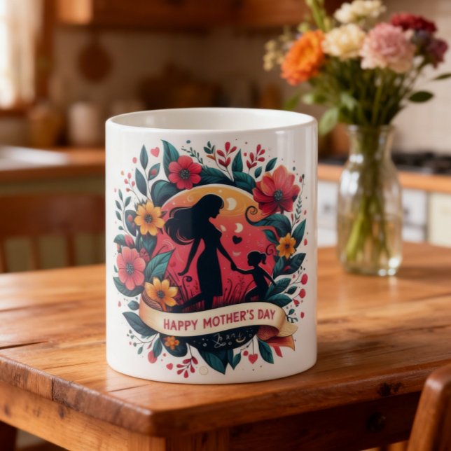 Mug Mère et fille silhouette florale Fête des mères (Créateur téléchargé)