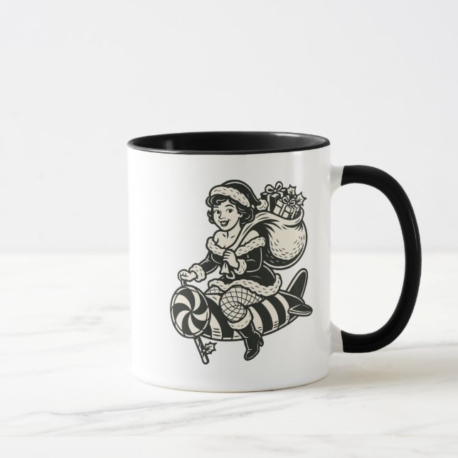 Mug Mère Noël rétro sur fusée en sucre d’orge. (Droite)