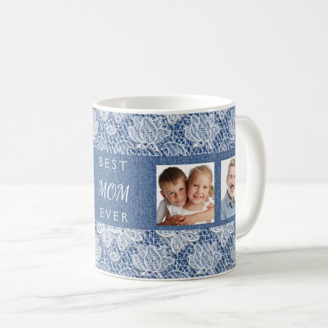 Mug Mère photo en dentelle bleu denim (Devant droit)