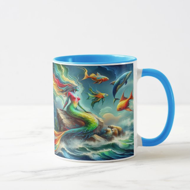 Mug Mermaid assis sur le rocher entouré de Whimsical 3 (Droite)