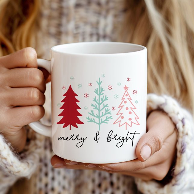 Mug "Merry and Bright" Pink and Mint Christmas Trees ("Merry and Bright" Pink and Mint Christmas Trees Coffee Mug in a girl's hands.)